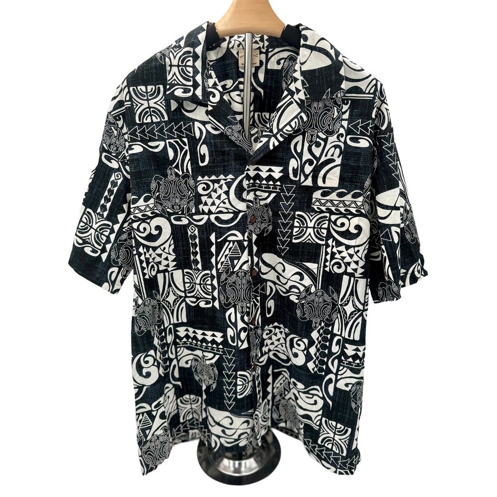 Vintage Hawaiian Station Mens Shirt Sz Large Black‎ & Cream